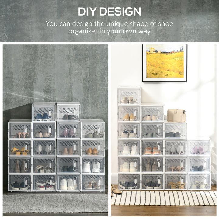 HOMCOM 18 Pack Shoe Storage Boxes, Space-saving Shoe Organizers, Clear Plastic Stackable Holders Containers with Front Opening