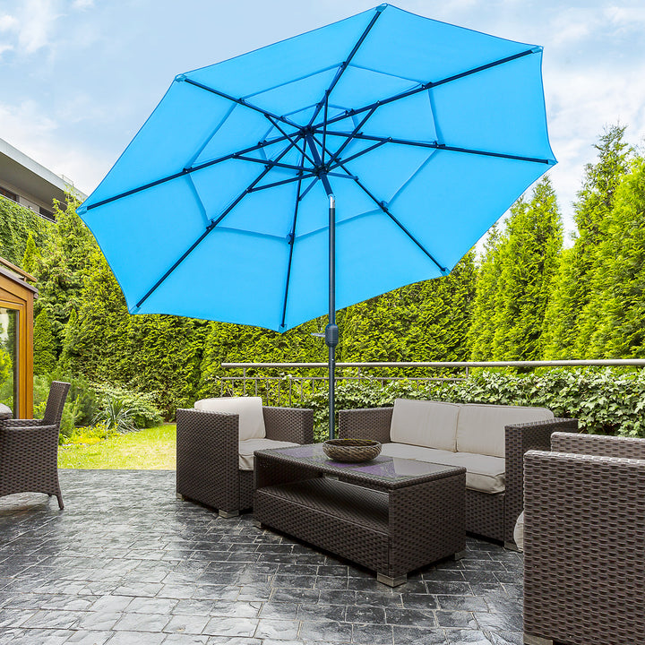 Outsunny 9FT 3 Tiers Patio Umbrella Outdoor Market Umbrella with Crank, Push Button Tilt for Deck, Backyard and Lawn, Sky Blue