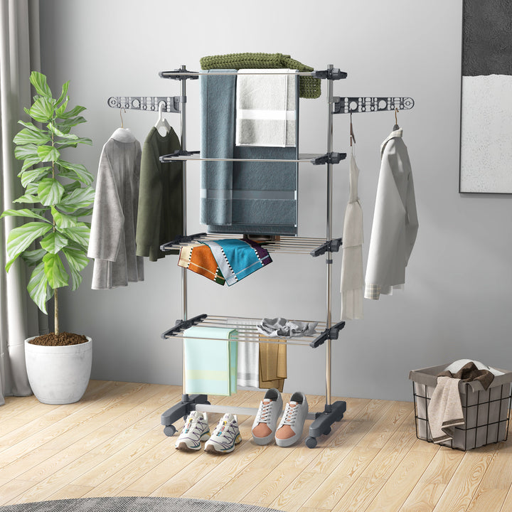 HOMCOM Garment Drying Rack Stainless Steel Folding Clothes Hanging Rack with Side Wings Castors for Indoor Outdoor Grey