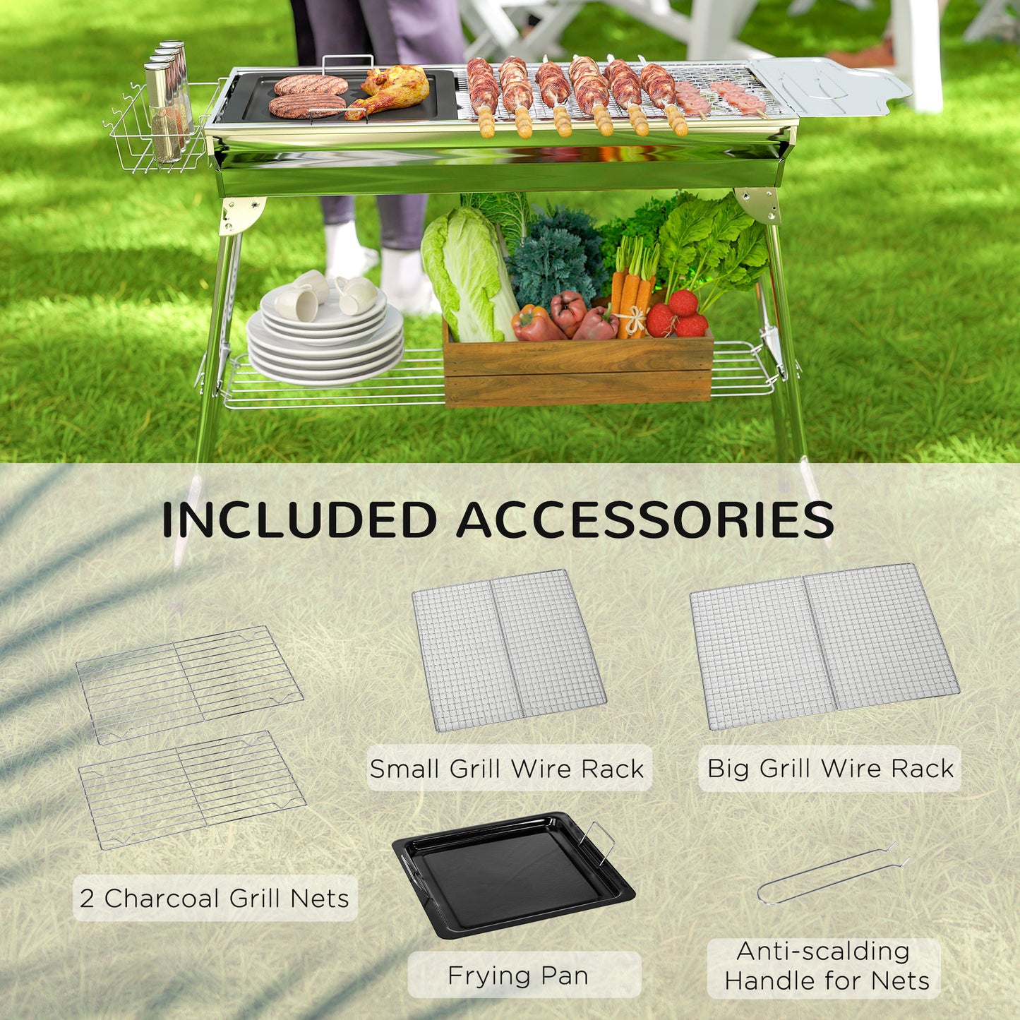 Outsunny Stainless Steel Portable Charcoal Grill, Folding BBQ Grill with Shelf, Side Basket and Pan for Cooking, Camping, Travel