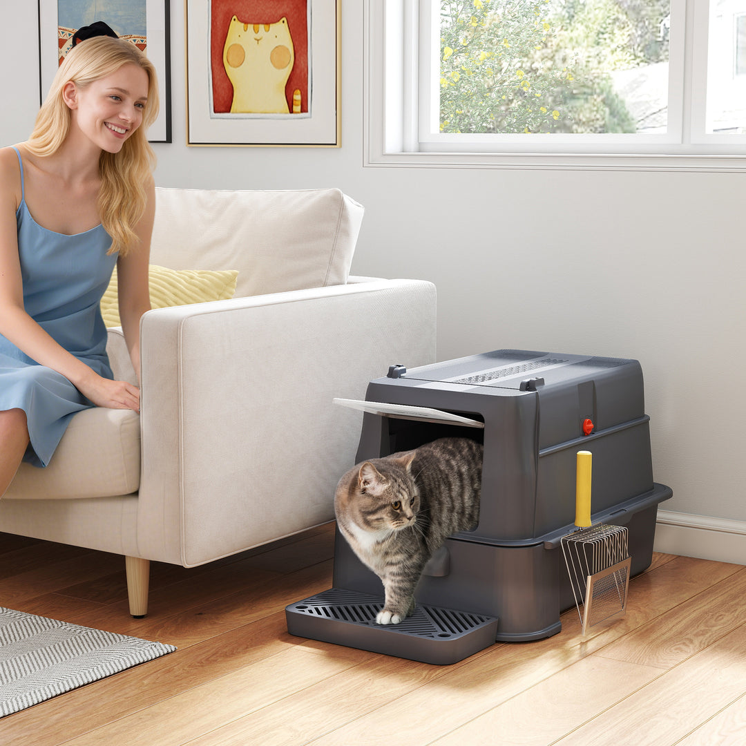 PawHut 80L XL Stainless Steel Cat Litter Box for Big Cats with Flip Cover, Pull-Out Drawer Tray, High Sided, Pedal, Light Grey