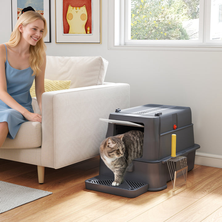 PawHut 80L XL Stainless Steel Cat Litter Box for Big Cats with Flip Cover, Pull-Out Drawer Tray, High Sided, Pedal, Light Grey