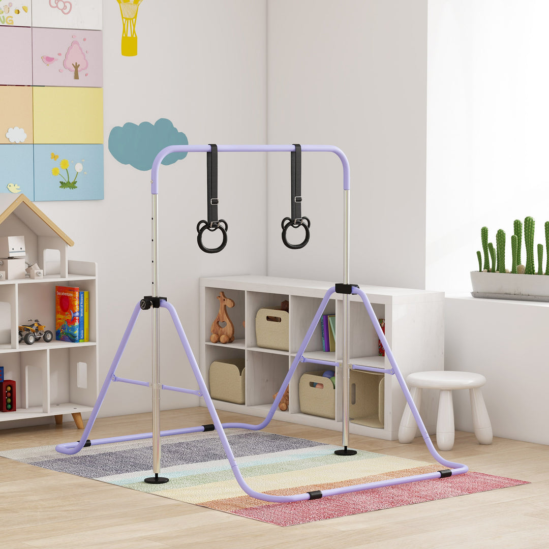 Qaba Kids Gymnastics Bar, Adjustable Height Folding Horizontal Bar with Gymnastics Rings, Non-slip Rubber Floor Rings, Purple