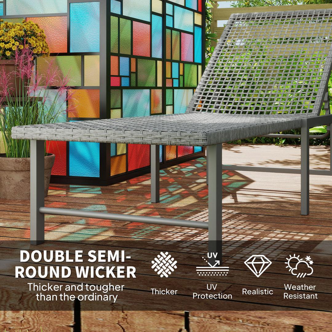 Outsunny Set of 2 Wicker Chaise Lounge Chair Outdoor Patio Lounger with 5 Adjustable Back, Wheels, Cushion and Armrests, Blue