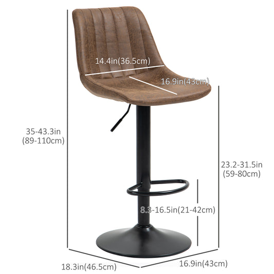 HOMCOM Adjustable Bar Stools Set of 2, Leathaire Swivel Barstools with Back and Footrest, Upholstered Bar Chairs for Kitchen, Dining Room, Home Pub, Brown