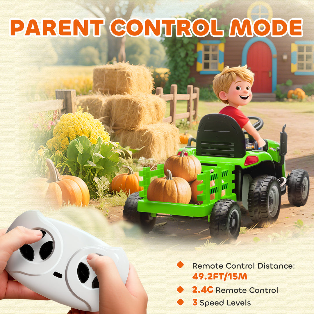 Qaba 12V Kids Ride On Tractor with Trailor, Remote Control, Music, Lights, Shifter, for Kids Ages 3-8 Years, Blue