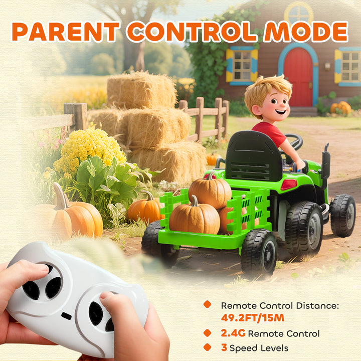 Qaba 12V Kids Ride On Tractor with Trailor, Remote Control, Music, Lights, Shifter, for Kids Ages 3-8 Years, Blue