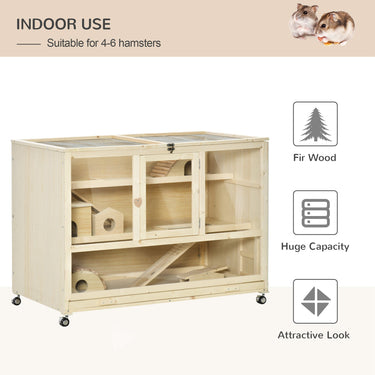 PawHut Wooden Hamster Cage, 3 Tier Rat Cage with Openable Roof, Run, Ladders, Run, Ladders, Wheels, Tray, Natural Wood