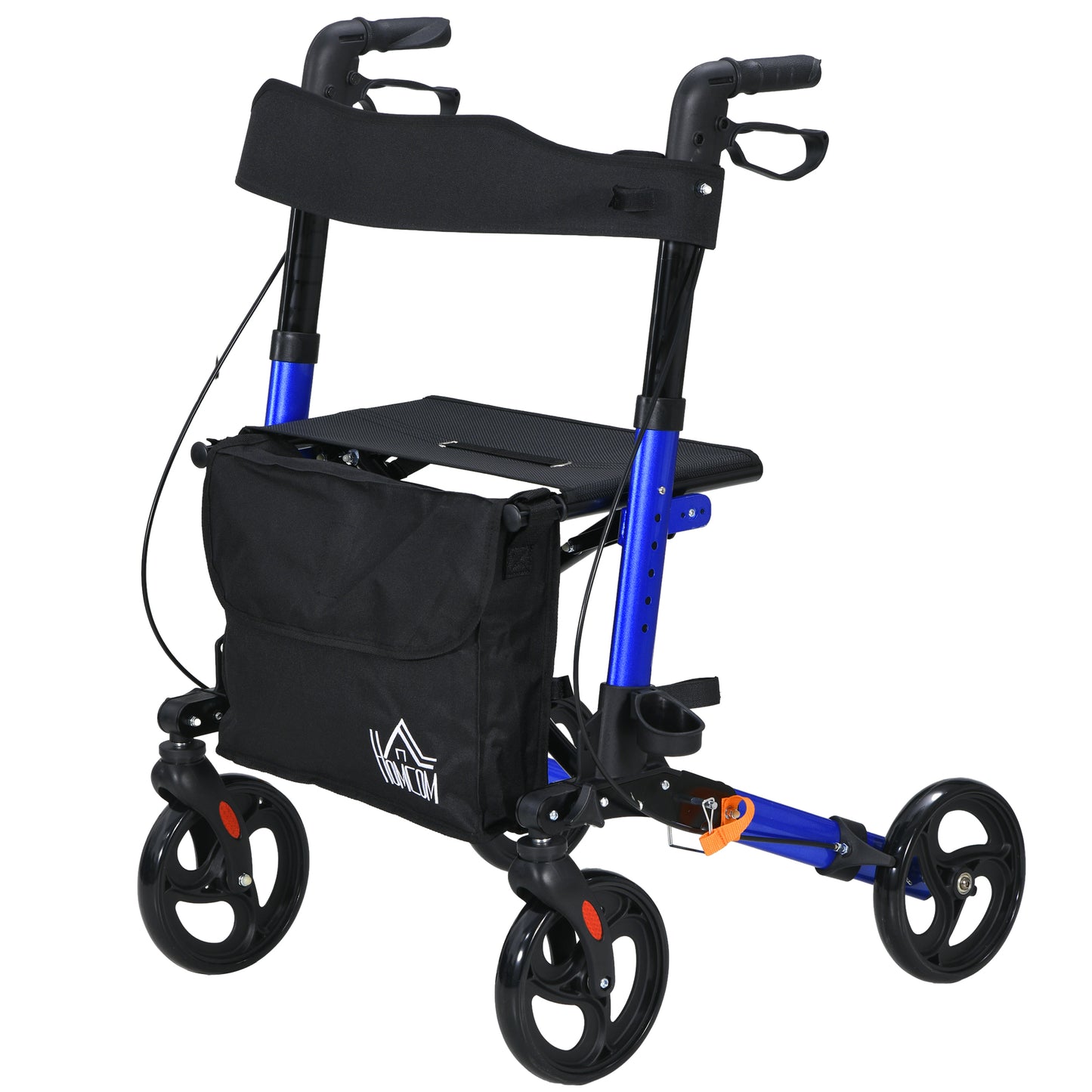 HOMCOM Rollator for Seniors with Seat, Back, Cane Holder, Aluminium Folding Rolling Walker with Adjustable Handle, Bag, Blue