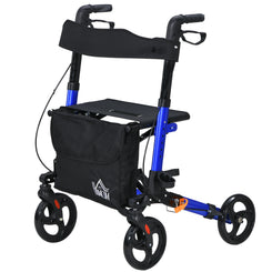 HOMCOM Rollator for Seniors with Seat, Back, Cane Holder, Aluminium Folding Rolling Walker with Adjustable Handle, Bag, Blue
