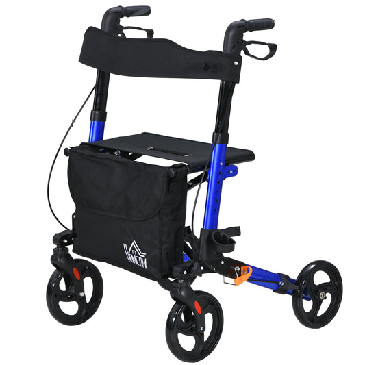 HOMCOM Rollator for Seniors with Seat, Back, Cane Holder, Aluminium Folding Rolling Walker with Adjustable Handle, Bag, Blue