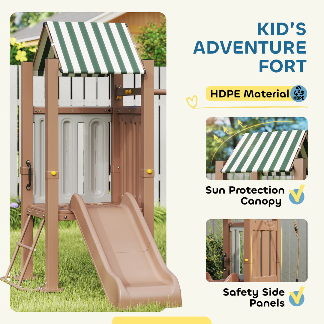 Qaba 4-in-1 Kids Swing Set for Playground with Slide, Covered Fort, Climbing Ladder, Ground Stakes, for Kids Ages 3-8, Brown