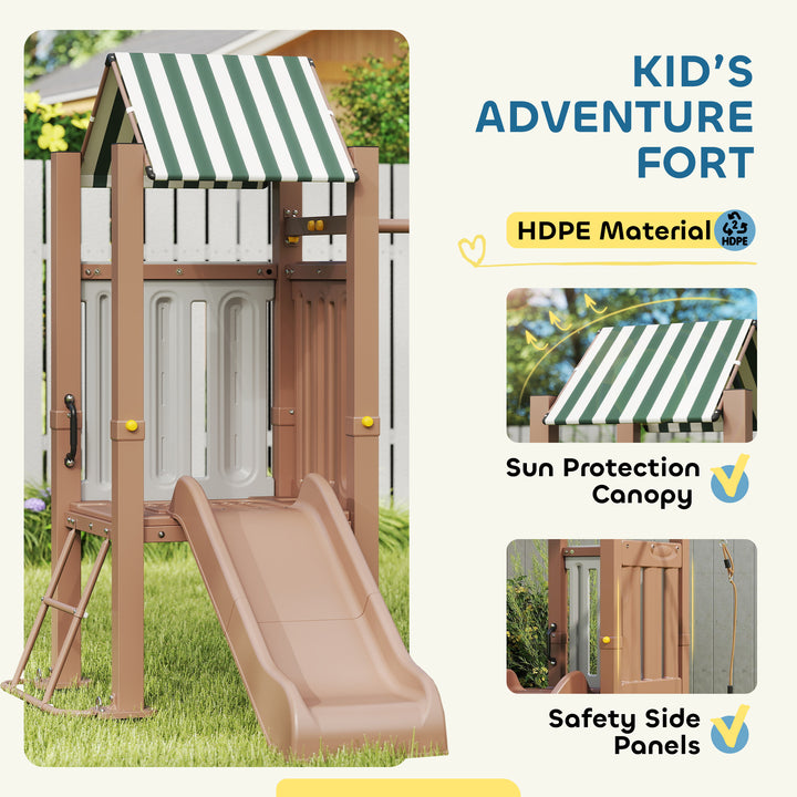 Qaba 4-in-1 Kids Swing Set for Playground with Slide, Covered Fort, Climbing Ladder, Ground Stakes, for Kids Ages 3-8, Brown