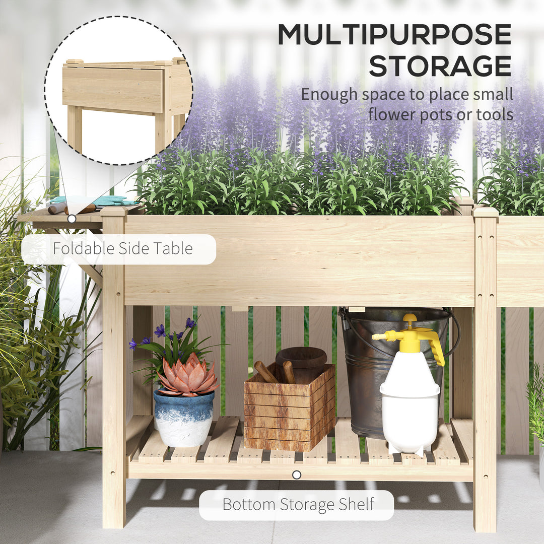 Outsunny Raised Garden Bed, Wood Planter Box with Side Table, Bottom Shelf, Bed Liners and Drainage Holes, Natural