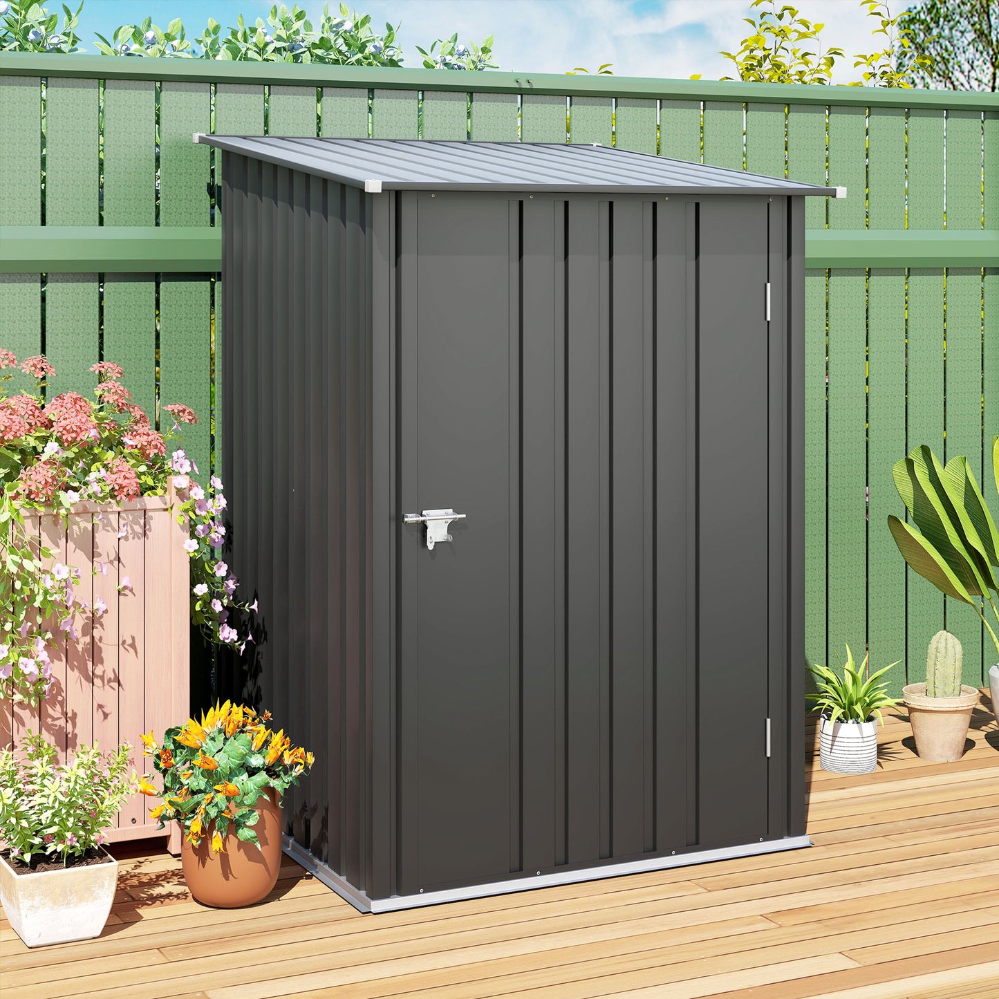 Outsunny 3.3' x 3.4' Lean-to Garden Storage Shed, Outdoor Galvanized Steel Tool House with Lockable Door for Patio Dark Gray