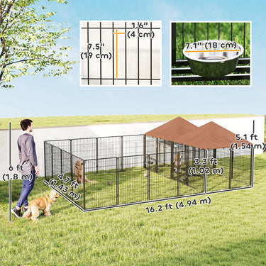 PawHut Large Outdoor Dog Kennel with 2 Rooms, Rotating & Adjustable Height Bowls, 13.5' x 9.4' x 5.1'