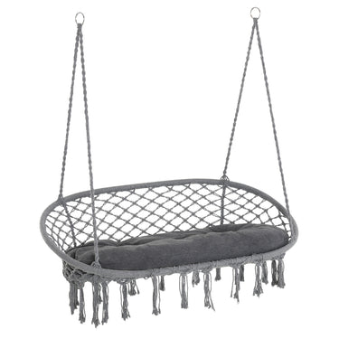 Outsunny Patio Hammock Chair 2 Seat, Hanging Rope Hammock Swing Chair with Metal Frame and Cushion, Large Macrame Seat for Indoor and Outdoor 396 lbs Capacity, Dark Grey