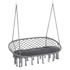 Outsunny Patio Hammock Chair 2 Seat, Hanging Rope Hammock Swing Chair with Metal Frame and Cushion, Large Macrame Seat for Indoor and Outdoor 396 lbs Capacity, Dark Grey