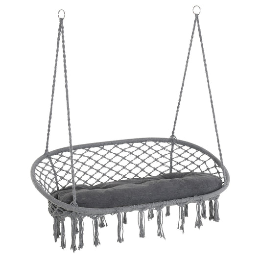 Outsunny Patio Hammock Chair 2 Seat, Hanging Rope Hammock Swing Chair with Metal Frame and Cushion, Large Macrame Seat for Indoor and Outdoor 396 lbs Capacity, Dark Grey