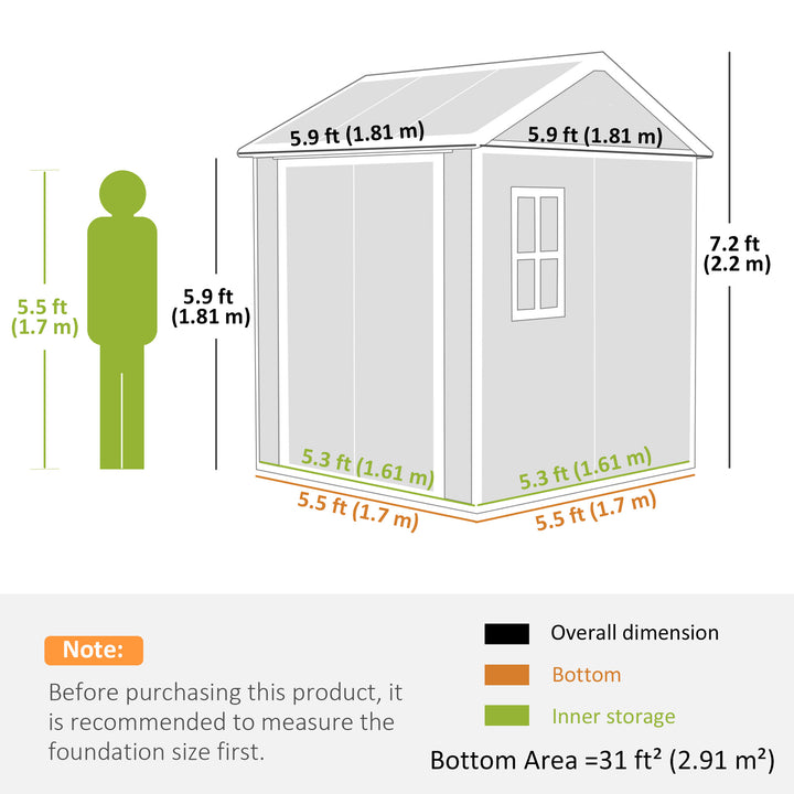 Outsunny 6' x 6' Resin Outdoor Storage Shed with Floor, Window, Lockable Doors and Vents for Backyard Patio Lawn, Grey