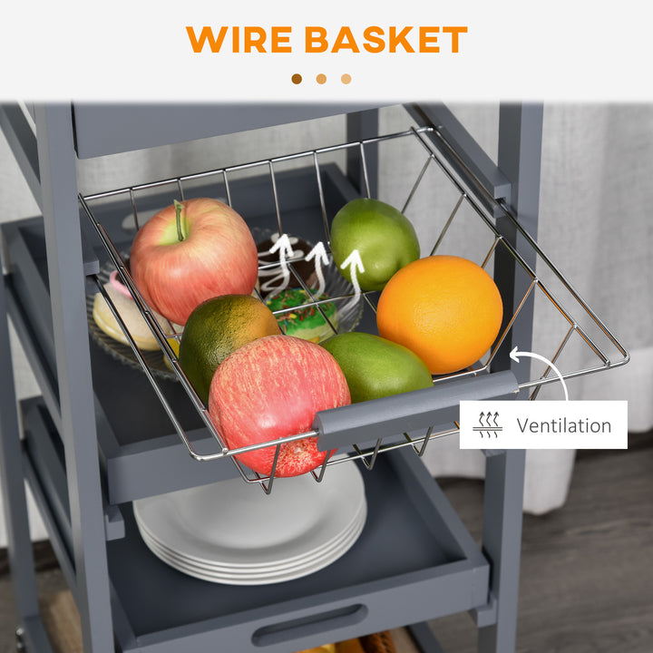 HOMCOM Rolling Kitchen Island Cart, Mobile Utility Storage Cart with Drawer, Wire Storage Basket, Removable Tray, Grey