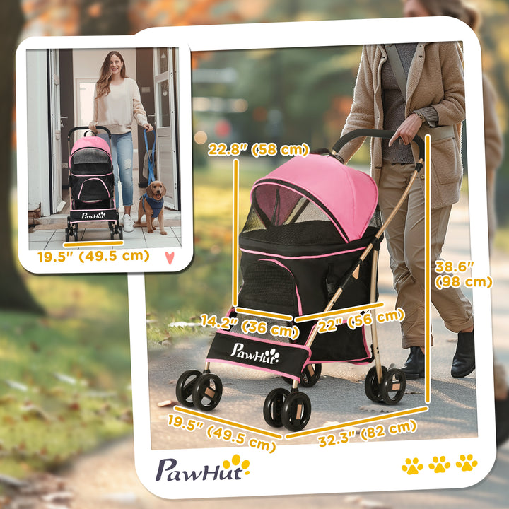 PawHut 4 Wheels Pet Stroller, 3 in 1 Dog Cat Travel Folding Carrier, for Small Dogs, Detachable, w/ Brake, Canopy, Basket, Storage Bag - Yellow