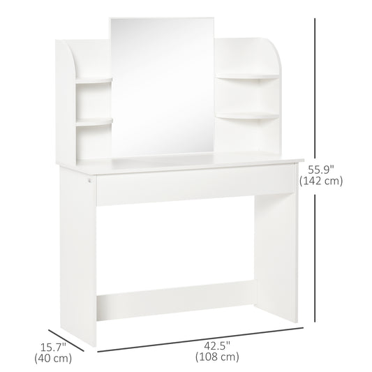 HOMCOM Vanity Desk with Mirror, Makeup Vanity with Open Shelves and Drawer, Dressing Table for Bedroom, White