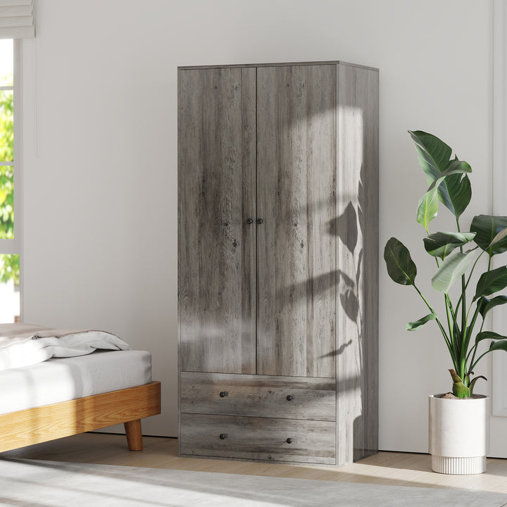 HOMCOM Modern Wardrobe Closet Armoire with 2 Drawers and Hanging Rod, Clothes Storage Organizer with Anti-tipping Design for Bedroom, White