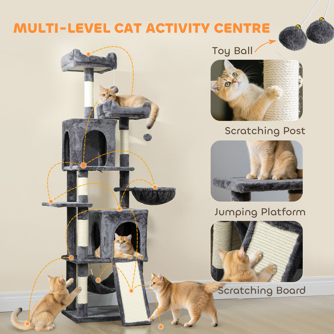 PawHut Cat Tree, 70" Multi-Level Cat Tower with 2 Condos, 2 Perches, Hammock, Toy Balls, Scratching Posts and Board, Green