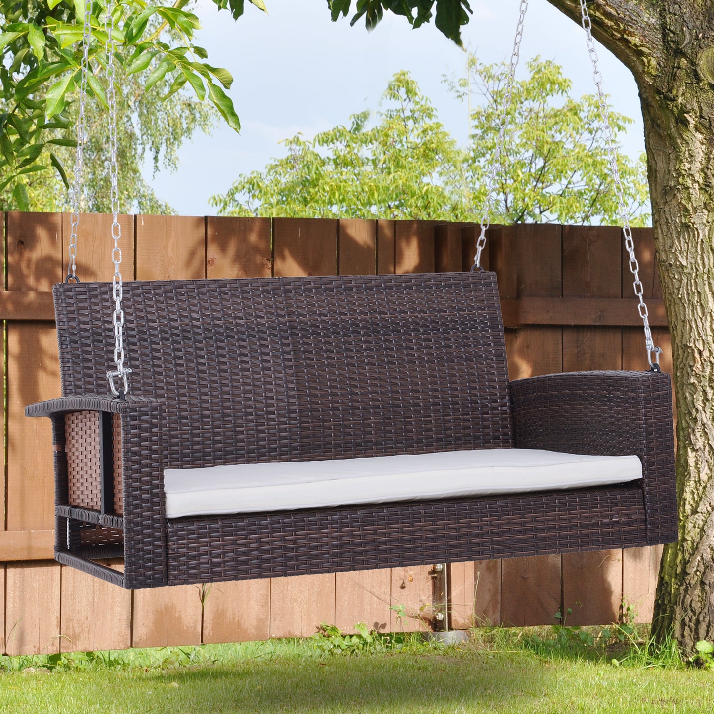 Outsunny 2-Person Patio Porch Swing Chair, Outdoor Rattan Hanging Bench with Cushion & 7.2 ft Steel Chains, Beige