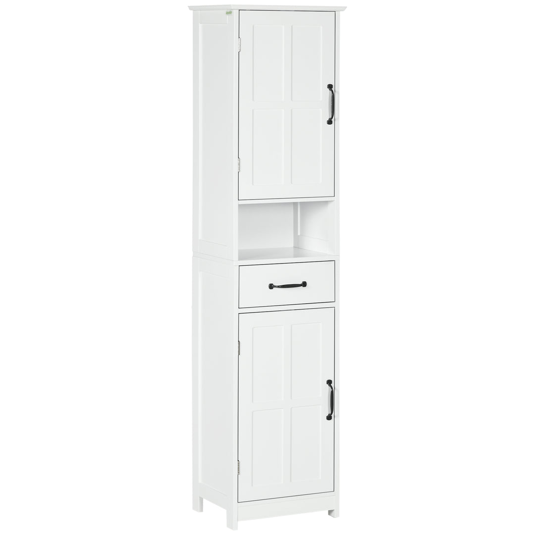kleankin Modern Bathroom Cabinet, Narrow Bathroom Vanities with Open Shelf Drawer Recessed Doors and Adjustable Shelves White