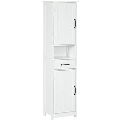 kleankin Modern Bathroom Cabinet, Narrow Bathroom Vanities with Open Shelf Drawer Recessed Doors and Adjustable Shelves White
