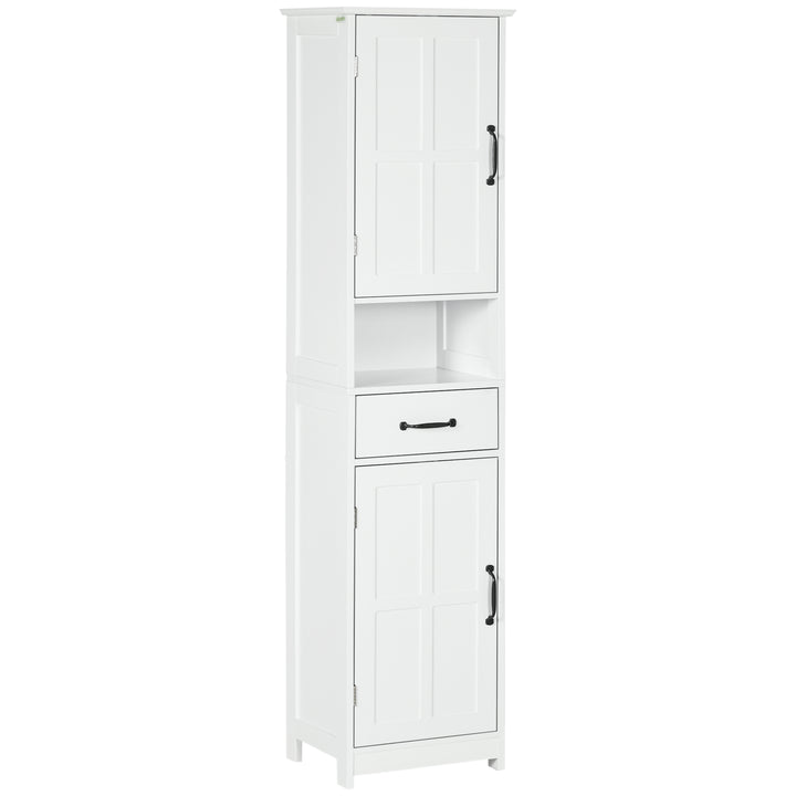 kleankin Modern Bathroom Cabinet, Narrow Bathroom Vanities with Open Shelf Drawer Recessed Doors and Adjustable Shelves White