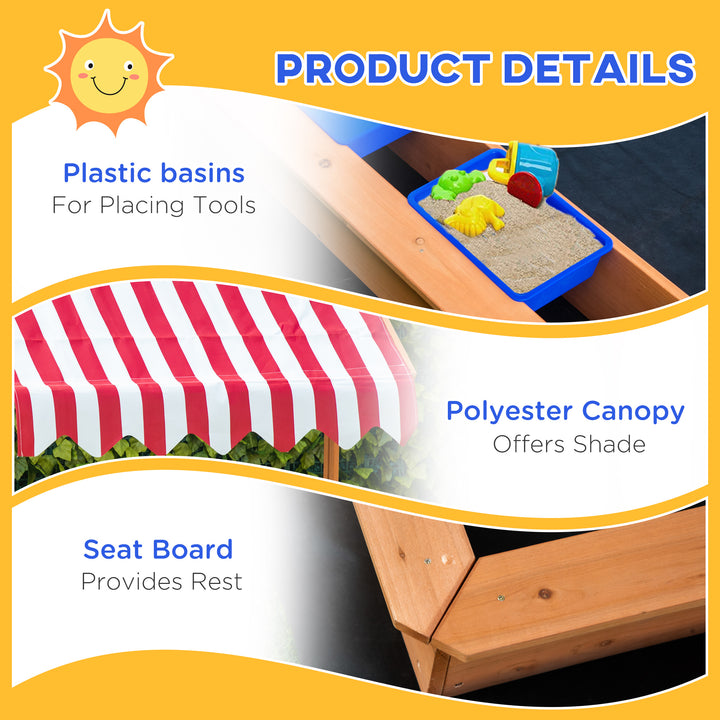 Outsunny Kids Wooden Sandbox, Children Play Sand Station Outdoor with Adjustable Height Cover Lid, Bottom Liner, Seat, Plastic Basins, for 3-7 Years Old Boys and Girls