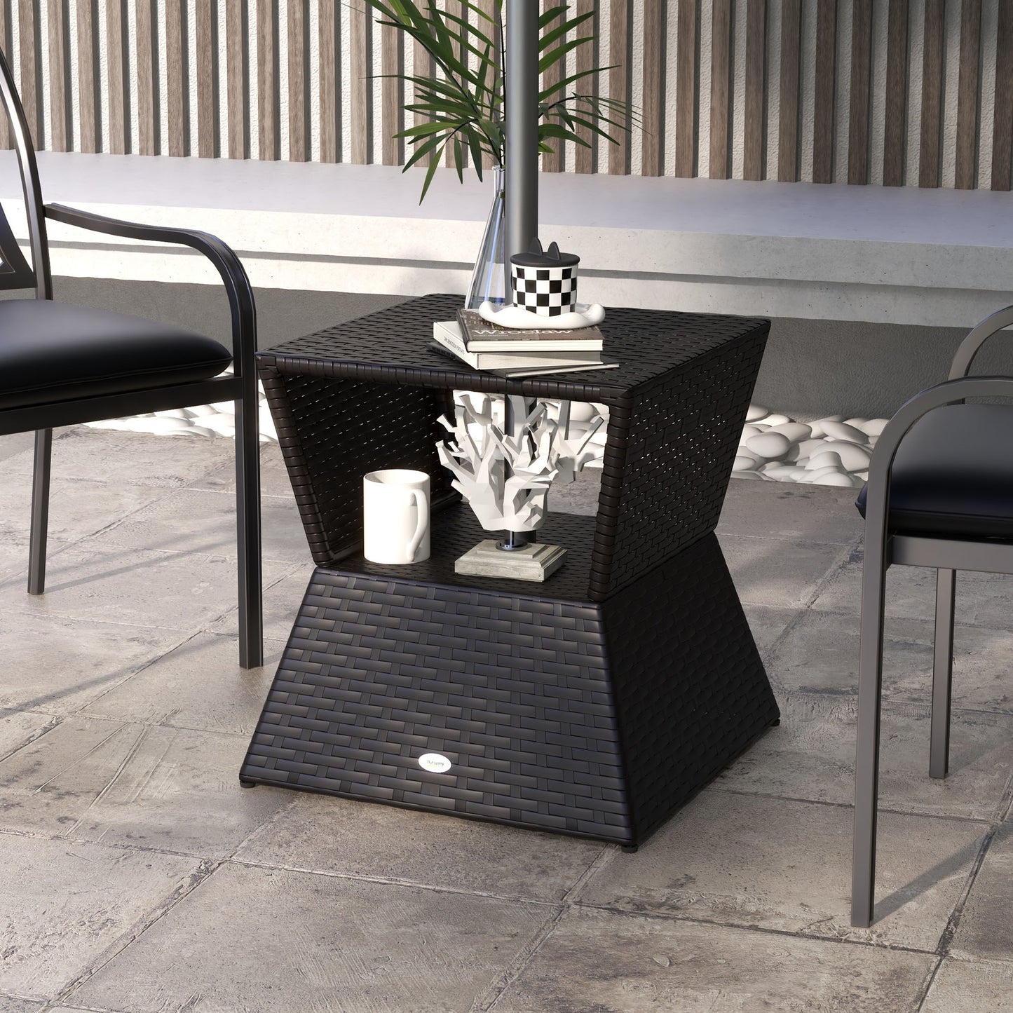 Outsunny Rattan Wicker Side Table, 21.3" Square Outdoor End Table with Umbrella Hole 2-Tier Storage for Patio Garden Mixed Brown