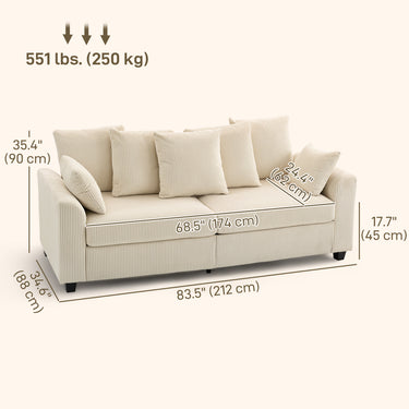 HOMCOM Corduroy Couch, 3 Seater Sofa, Modern Upholstered Couch with Curved Armrests and 8 Removable Pillows, Beige