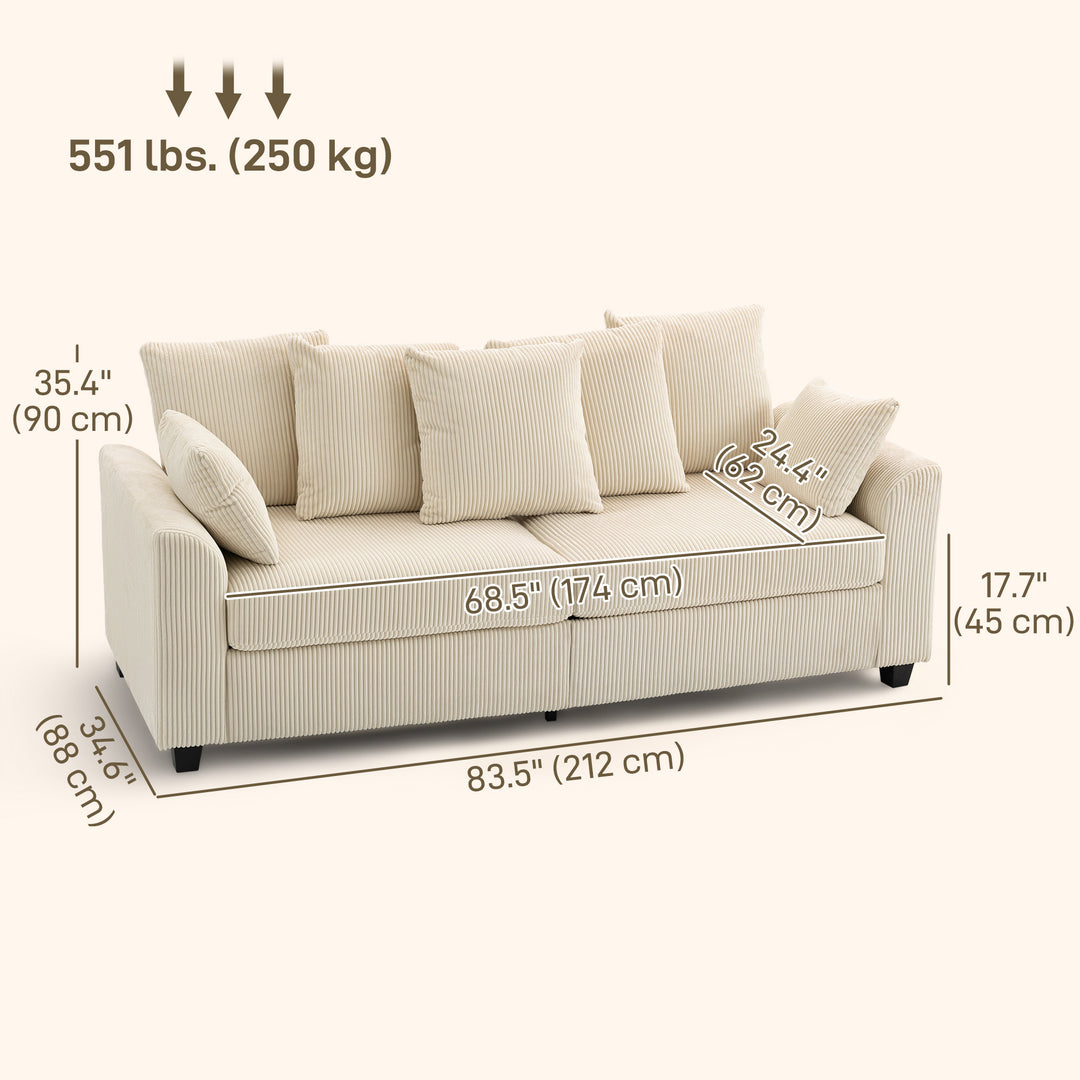 HOMCOM Corduroy Couch, 3 Seater Sofa, Modern Upholstered Couch with Curved Armrests and 8 Removable Pillows, Beige