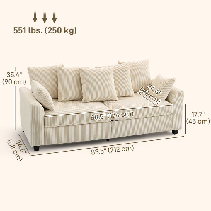 HOMCOM Corduroy Couch, 3 Seater Sofa, Modern Upholstered Couch with Curved Armrests and 8 Removable Pillows, Beige