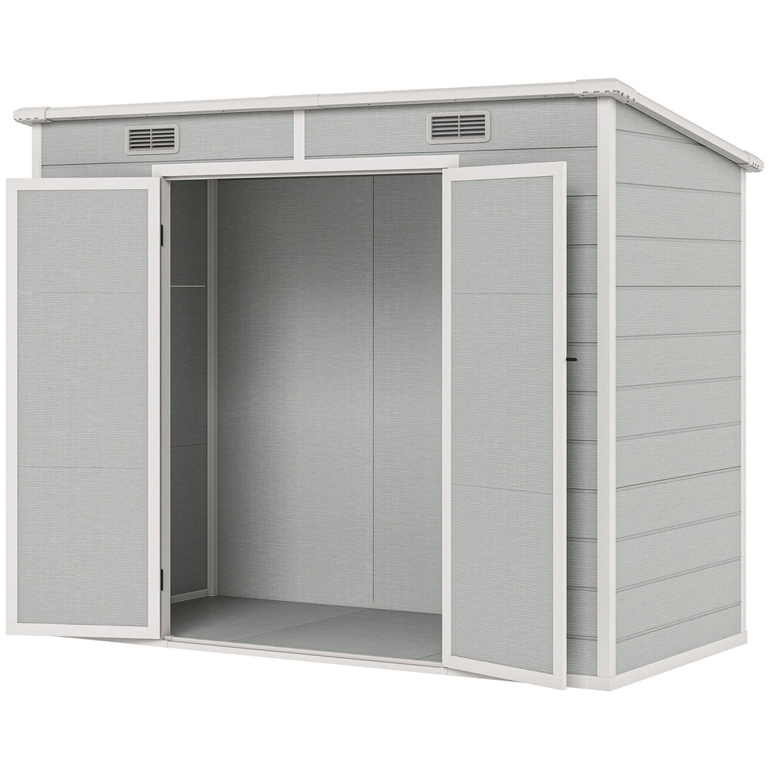 Outsunny 8' x 4' Resin Outdoor Storage Shed with Floor, Window, Lockable Doors and Vents for Backyard Patio Lawn, Light Grey