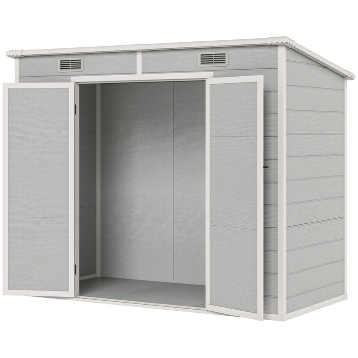 Outsunny 8' x 4' Resin Outdoor Storage Shed with Floor, Window, Lockable Doors and Vents for Backyard Patio Lawn, Light Grey
