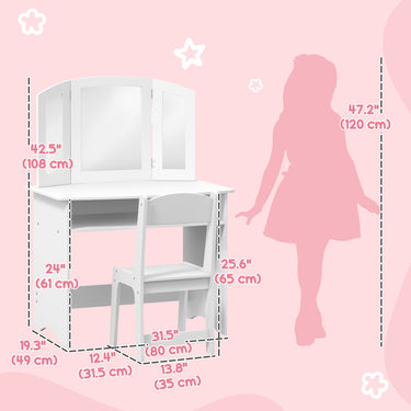Qaba 2 in 1 Kids Vanity Set Makeup Dressing Table Pretend Play Set with Tri-Folding Mirror, Stool, Storage Shelf