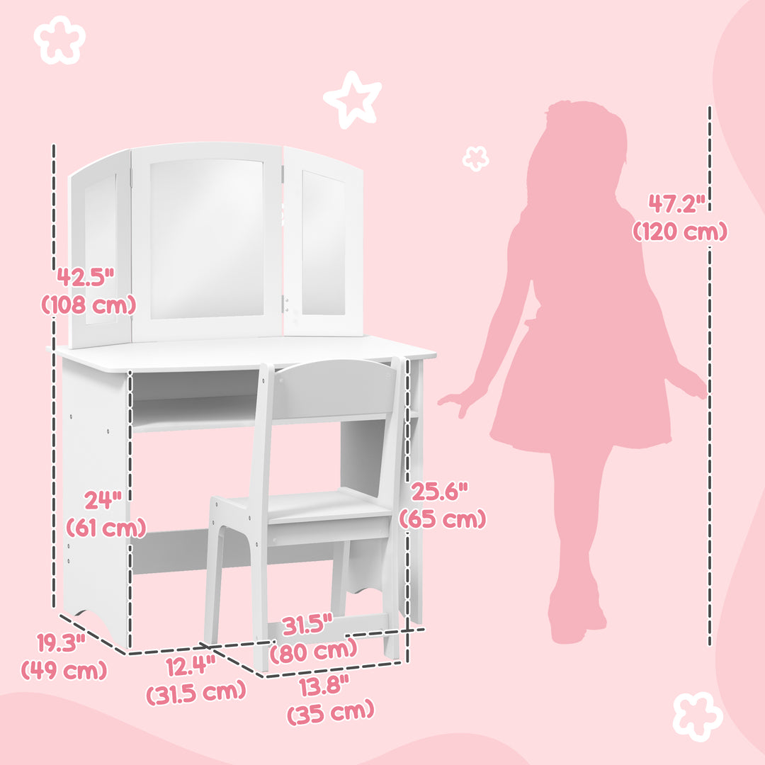 Qaba 2 in 1 Kids Vanity Set Makeup Dressing Table Pretend Play Set with Tri-Folding Mirror, Stool, Storage Shelf