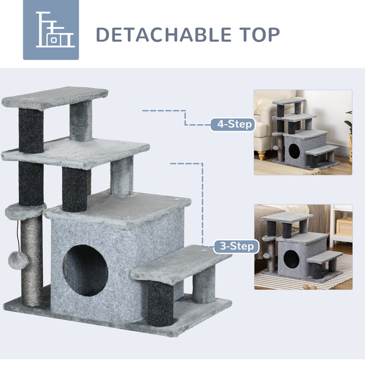 PawHut Cat Stairs Pet Steps for Couch Bed with Scratching Posts Condo Ball Toy, 23.6" x 15.7" x 26", Grey