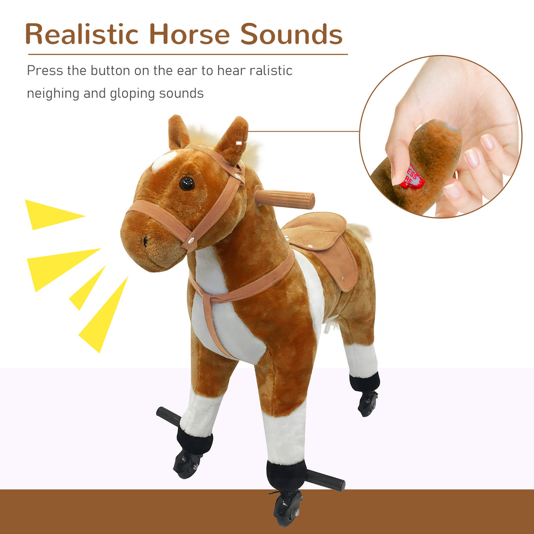 Qaba Kids Rocking Horse, Large Walking Ride on Toy for Toddlers 3 year old, Baby Plush Animal Rocker with Sound and Wheel, Pink