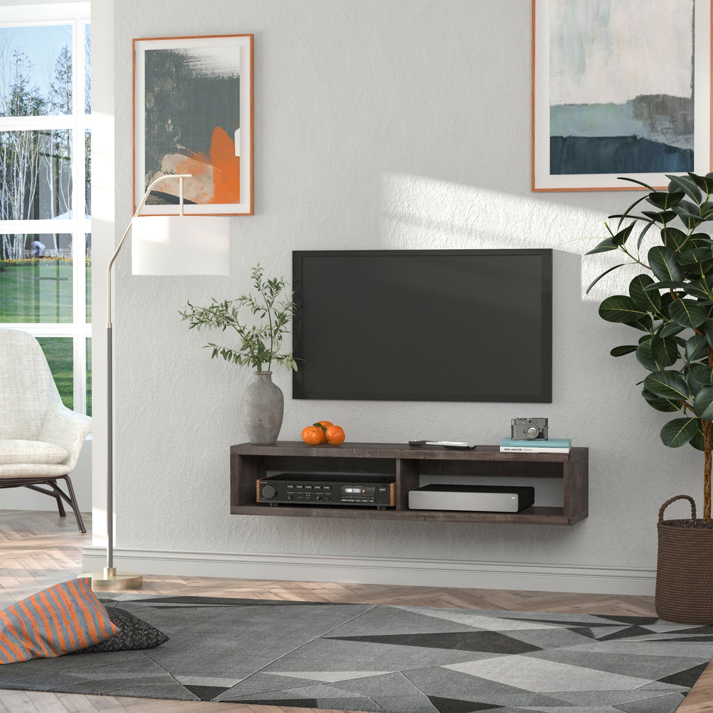 HOMCOM Floating TV Stand Shelf for 50" TVs, Wall Mounted Entertainment Center for Living Room, Bedroom, Media Console with Storage Shelf for Audio, Video, Dark Grey Wood Grain