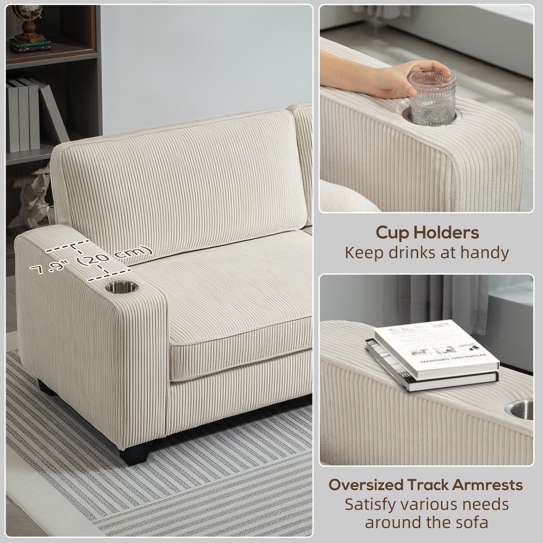 HOMCOM Three Seater Sofa, Fabric 3 Seater Couch with Spring Cushion and Cup Holders for Living Room, Bedroom, Cream White