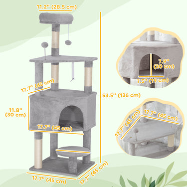 PawHut 54 Inch Cat Tree with Large Condo, Top Perch, Sisal Scratching Posts, Dangling Toy Ball,Light Grey