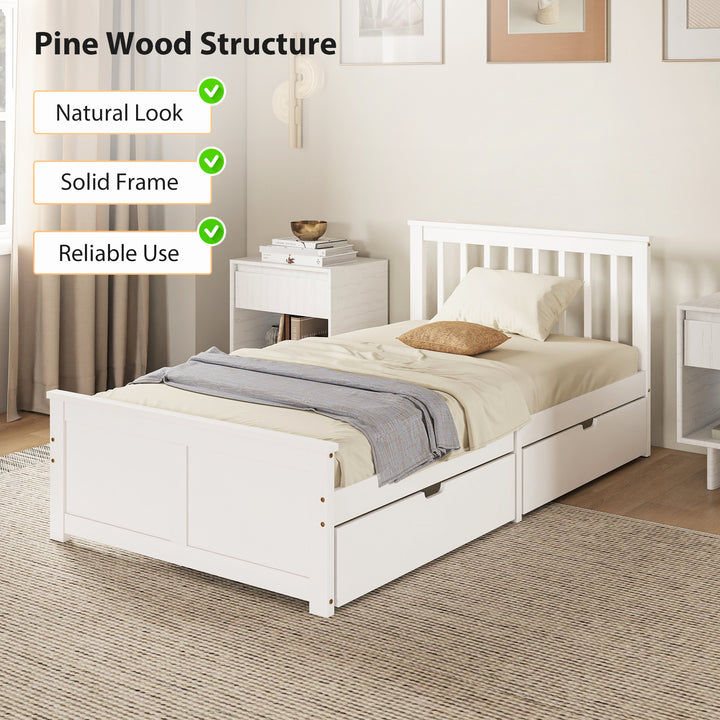 HOMCOM Pine Twin Bed Frame, Wood Storage Bed Frame with Drawers, Wood Slat Support, No Box Spring Needed, Easy Assembly, White