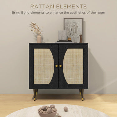 HOMCOM Boho Buffet Cabinet with Adjustable Shelf and Rattan Decorated Doors, TV Cabinet for TV up to 42 Inches, Black