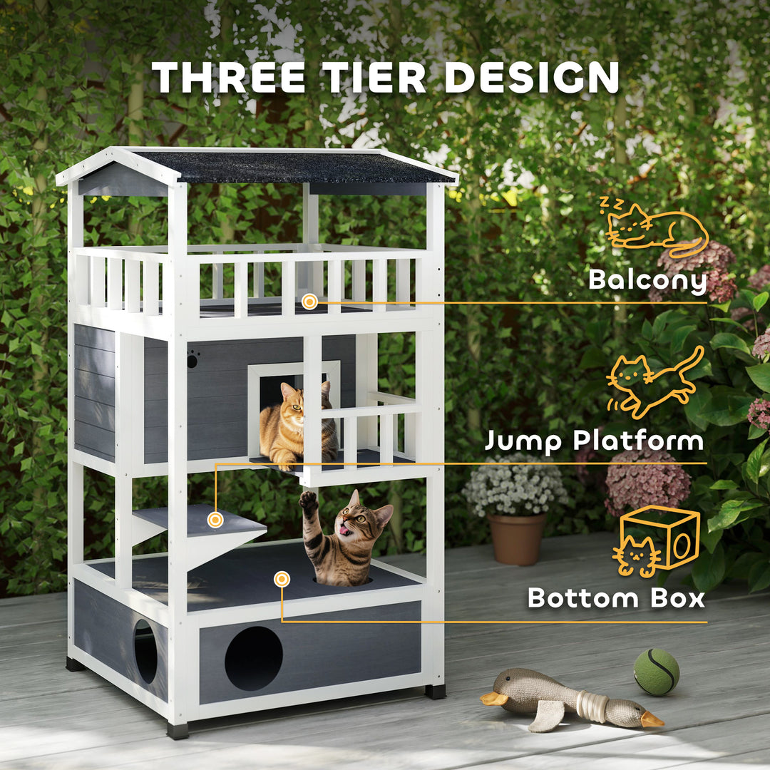 PawHut 4-Floor Wood Outdoor Cat House Catio for Cats with Condo, Fun Entrances, Perch, Grey